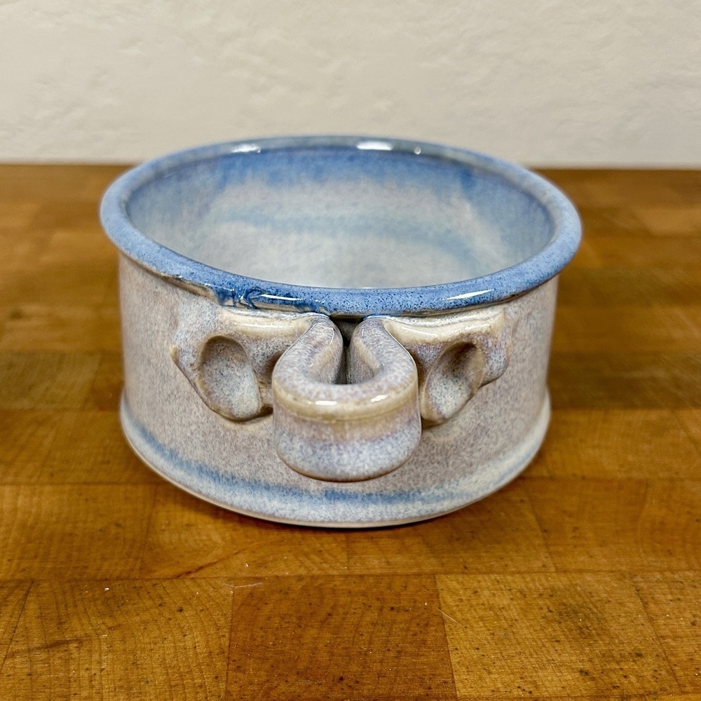 VTG Larry Pejeau Signed 1983 Studio Pottery Crock Soup Bowl Blue Lavender 80s